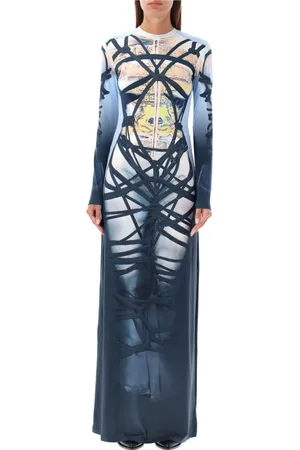 Y / PROJECT Maxi Dresses, female, , Size: M Blue Black Bondage Print Long Dress