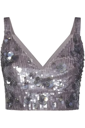 P.A.R.O.S.H. Sleeveless Tops, female, , Size: S Grey Tulle Sequin Embroidered Crop Top