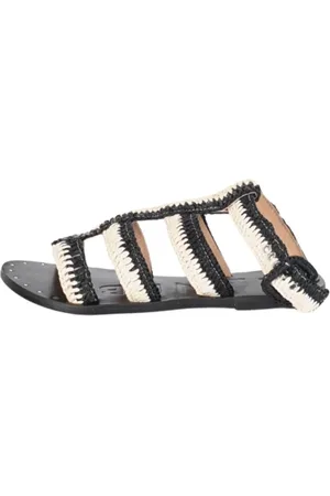 MANEBI Flat Sandals, female, , Size: 8 US Raffia Striped Leather Sandals