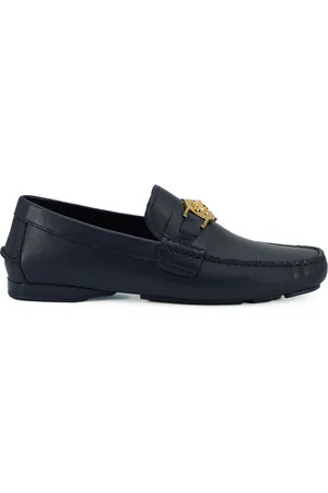 VERSACE Loafers, male, , Size: 8 US Navy Calf Leather Loafers