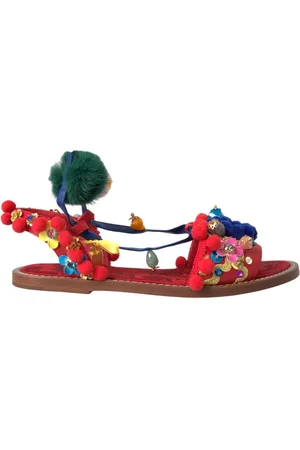 Dolce & Gabbana Flat Sandals, female, , Size: 7 US Pom Pom Fur Wrap Sandals