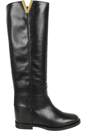 Via Roma High Boots, female, , Size: 8 US Leather Ankle Boots with Gold Plaque