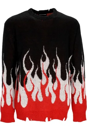 Vision Of Super Round-neck Knitwear, male, , Size: XL Jacquard Flames Jumper Sweater Black/Red/White