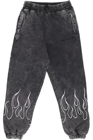 Vision Of Super Sweatpants, male, , Size: XL Flames Embroidered Fleece Tracksuit Pants Grey