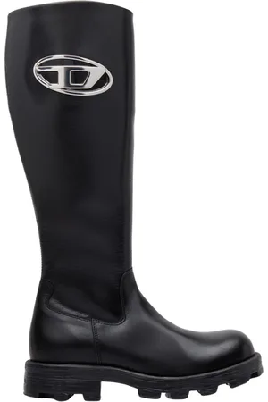 Diesel High Boots, female, , Size: 6 US Shiny Leather Boots with Logo Plaque