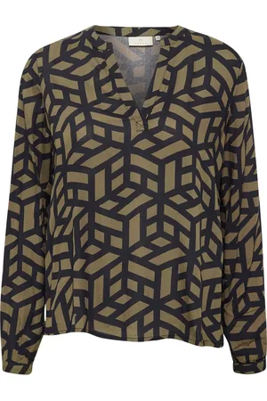 Kaffe Blouses, female, , Size: 2XL Graphic Line Blouse with V-Neck and Long Sleeves