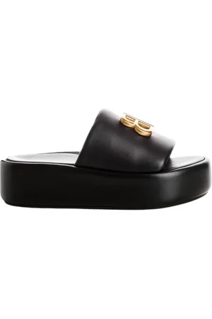 Balenciaga Sliders, female, , Size: 7 US Glossy Leather Mules with Gold BB