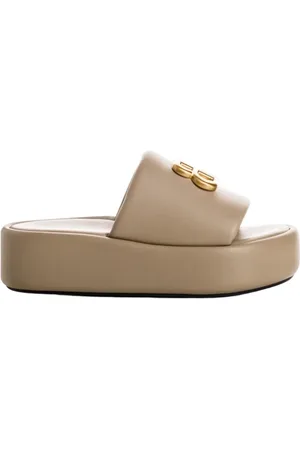 Balenciaga Sliders, female, , Size: 6 US Glossy Leather Mules with Gold BB