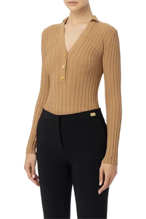 Elisabetta Franchi V-neck Knitwear, female, , Size: L Ribbed Viscose Sweater with Golden Buttons