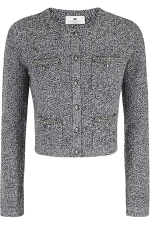 Elisabetta Franchi Cardigans, female, , Size: M Grey Bouclé Long Sleeve Cardigan