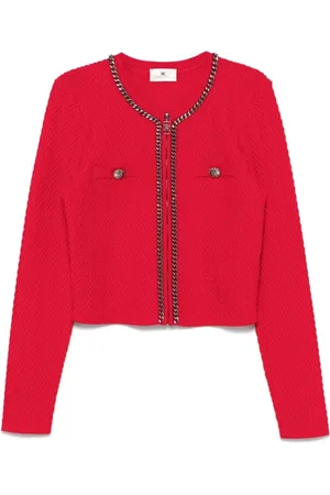 Elisabetta Franchi Cardigans, female, , Size: S Crimson Herringbone Sweater Zip Crew Neck