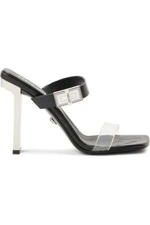 VERSACE Heeled Mules, female, , Size: 7 1/2 US Metallic Heel Slip-On Sandals