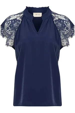 Cream Blouses, female, , Size: S Navy Lace Blouse with V-Neck