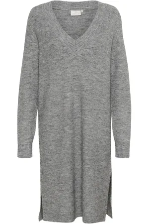 Kaffe Knitted Dresses, female, , Size: L Grey Melange Knit Dress with V-Neck