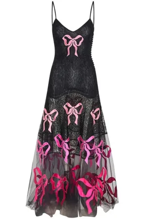 LOVESHACKFANCY Midi Dresses, female, , Size: S Bow Embroidered Lace Midi Dress