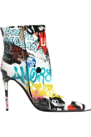 Dolce & Gabbana Heeled Boots, female, , Size: 9 US Graffiti Print Leather Mid Calf Boots