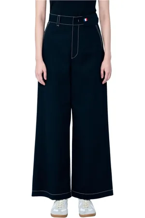 Moncler Wide Trousers, female, , Size: XS High Rise Wide-Leg Pants with Topstitching