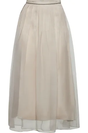 Brunello Cucinelli Maxi Skirts, female, , Size: M White Silk Midi Skirt with Monili Embroidery