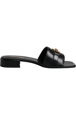 VERSACE Sliders, female, , Size: 7 US Leather Logo Slides Sandals