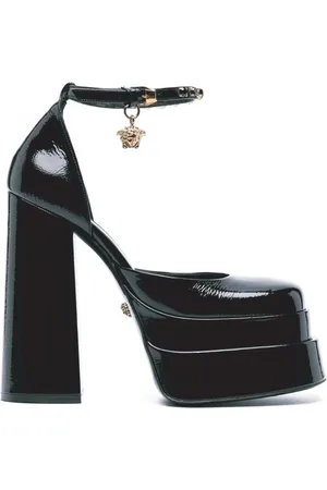 VERSACE Pumps, female, , Size: 7 1/2 US Leather Platform Sandals with Medusa Head