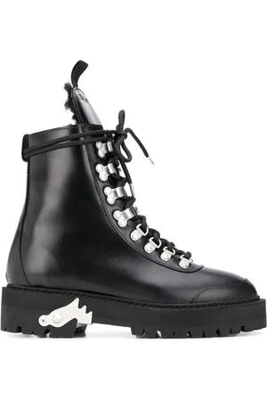 OFF-WHITE Lace-up Boots, female, , Size: 6 US Leather Ankle Boots Eco Fur Lining