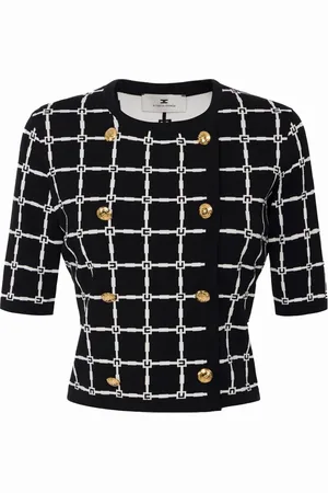 Elisabetta Franchi Cardigans, female, , Size: XL Jacquard Cardigan with Logo Motif