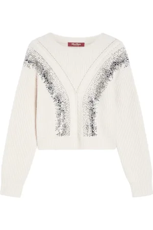 Max Mara Round-neck Knitwear, female, , Size: S Wool Cropped Sweater with Mirror Embroidery