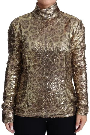 Dolce & Gabbana Long Sleeve Tops, female, , Size: L Sequined Turtleneck Full Zip Sweater in Brown