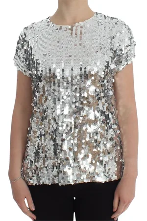 Dolce & Gabbana Blouses, female, , Size: S Silver Sequined Crewneck Blouse T-shirt Top