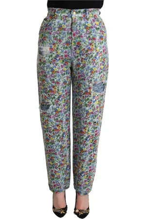 Dolce & Gabbana Straight Trousers, female, , Size: XS Floral Print High-Waisted Denim Jeans