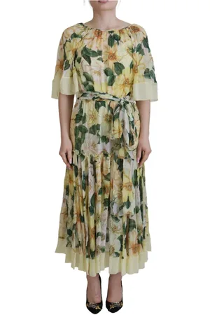 Dolce & Gabbana Maxi Dresses, female, , Size: XS Yellow Floral Silk Pleated Maxi Dress