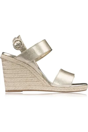 Prada Wedges, female, , Size: 5 US Gold Leather Espadrille Sandals with Buckle