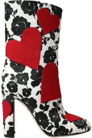 Dolce & Gabbana Heeled Boots, female, , Size: 5 US White Floral Hearts Leather High Boots