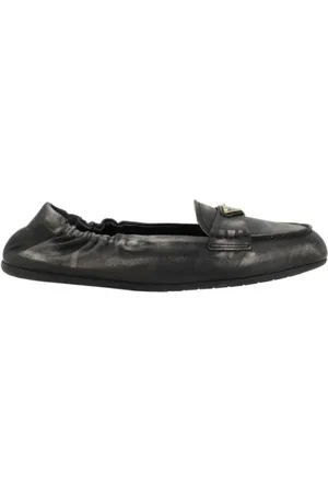 Prada Loafers, female, , Size: 7 1/2 US Vintage-Effect Leather Loafers with Logo Plaque