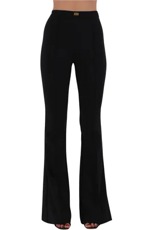 Elisabetta Franchi Wide Trousers, female, , Size: M Flared Crêpe Pants with Logo Plaque
