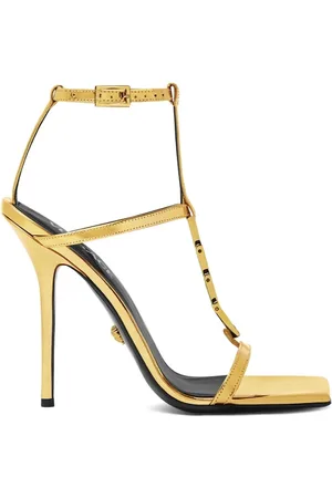 VERSACE High Heel Sandals, female, , Size: 9 US Gold-tone Buckle Sandals with Stiletto Heel