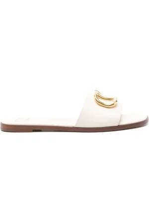 VALENTINO GARAVANI Sliders, female, , Size: 10 US Ivory Leather Square Toe Sandals