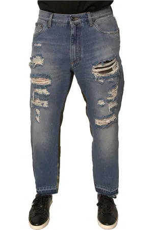 Dolce & Gabbana Straight Jeans, male, , Size: M Tattered Cropped Denim Jeans with Zipper