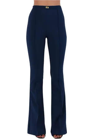 Elisabetta Franchi Wide Trousers, female, , Size: XL Flared Crêpe Pants with Logo Plaque