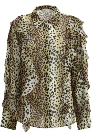 BLUMARINE Shirts, female, , Size: S Leopard Print Silk Chiffon Ruffle Shirt