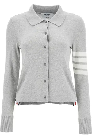 Thom Browne Cardigans, female, , Size: S Light Grey Cotton Cardigan with Iconic Stripes