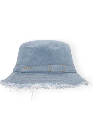 Ganni Hats, female, , Size: XS/S Denim Bucket Hat with Fringes