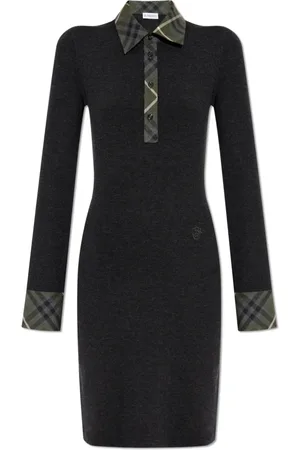 Burberry Knitted Dresses, female, , Size: S Fitted Wool Midi Dress With Patterned Trim