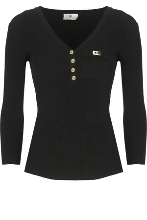 Elisabetta Franchi V-neck Knitwear, female, , Size: M V-Neck Sweater with Logoed Buttons