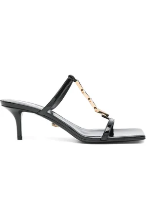 VERSACE Heeled Mules, female, , Size: 6 US Leather Mid-Heel Sandals