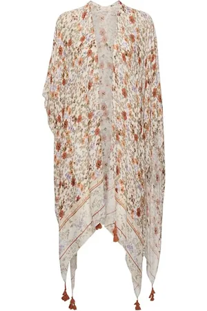 Cream Capes, female, , Size: ONE SIZE Multicolour Flower Kimono Blouse with Tassels