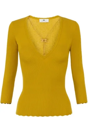 Elisabetta Franchi V-neck Knitwear, female, , Size: M Ribbed Viscose Sweater with Necklace Detail