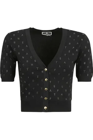 Elisabetta Franchi Cardigans, female, , Size: M Cropped Cardigan in Viscose with Rhinestone Lettering