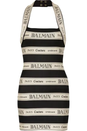 Balmain Short Dresses, female, , Size: XS Jacquard halterneck dress with ribbon motif