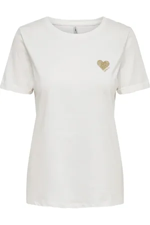 ONLY T-Shirts, female, , Size: M Gold Glitter Heart Cotton T-Shirt